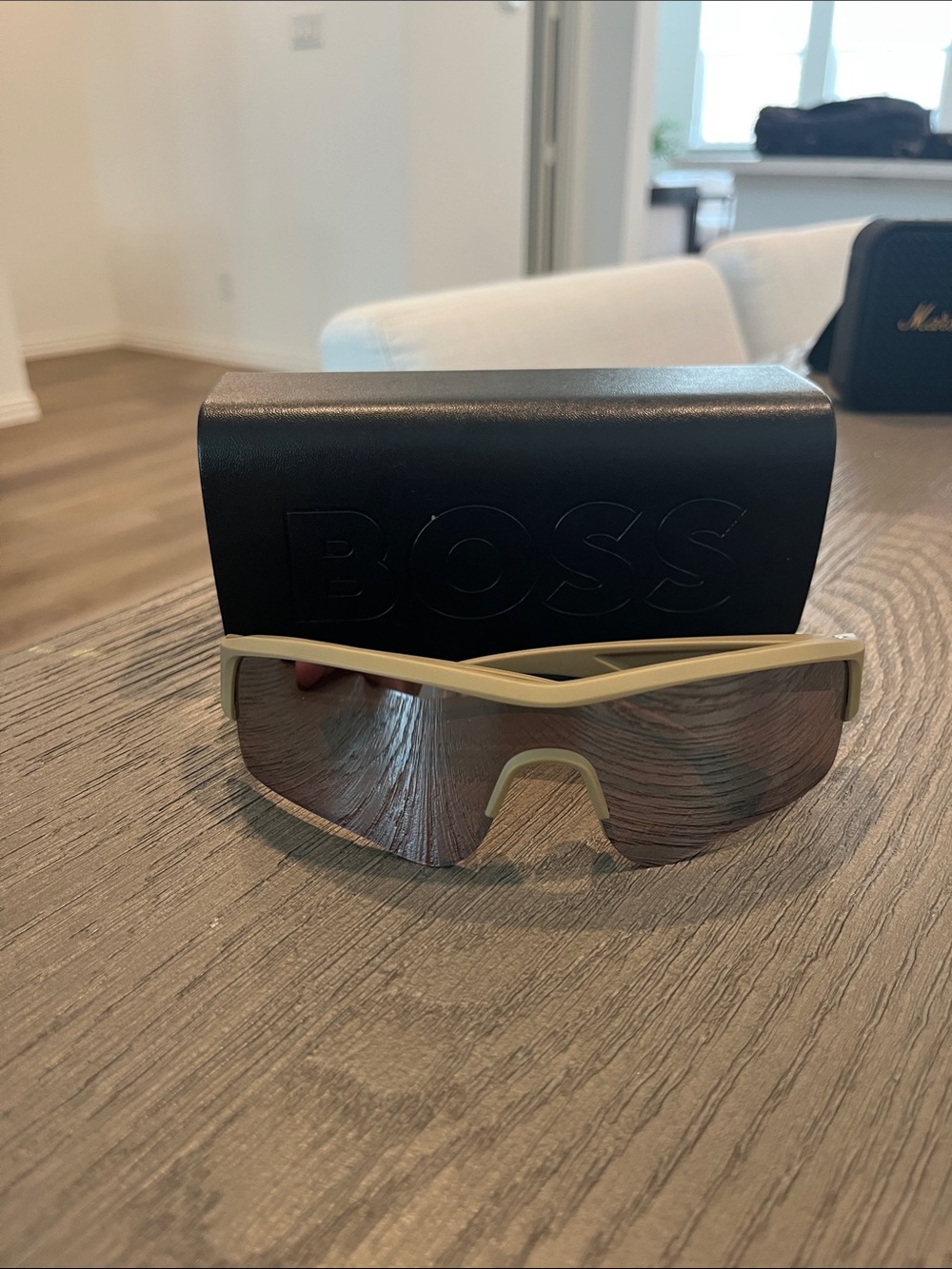 Hugo Boss Men’s Shield Sunglasses in Beige Frame with Brown Lens